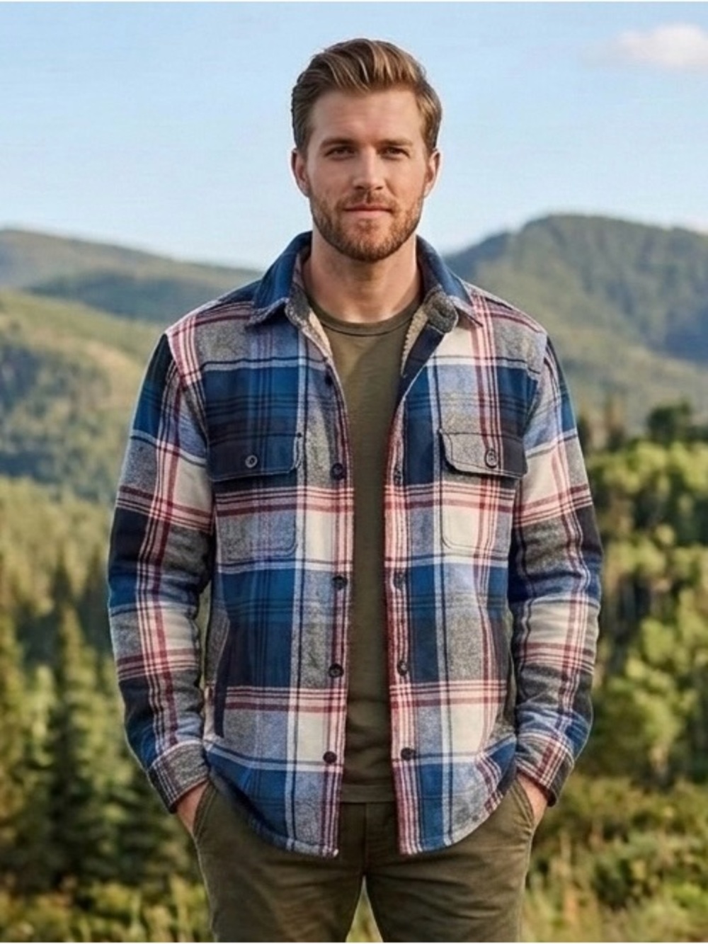 Express Men’s Blue & Red Plaid Flannel Jacket